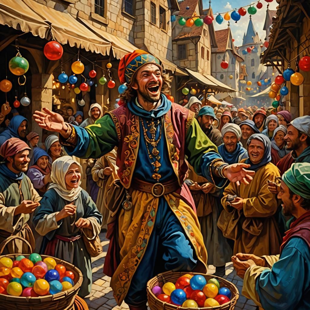 Medieval Jester's Colorful Market Performance