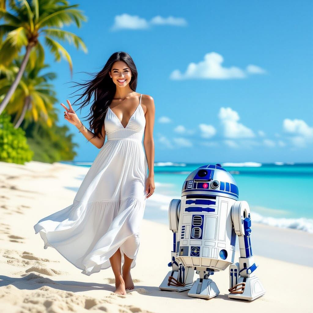 Woman and R2-D2 on Tropical Beach