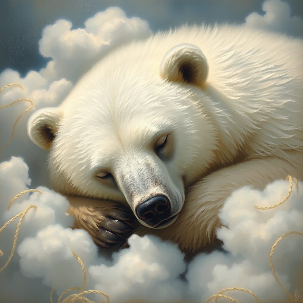 Majestic Snowy Bear Slumbers Amidst Ethereal Clouds