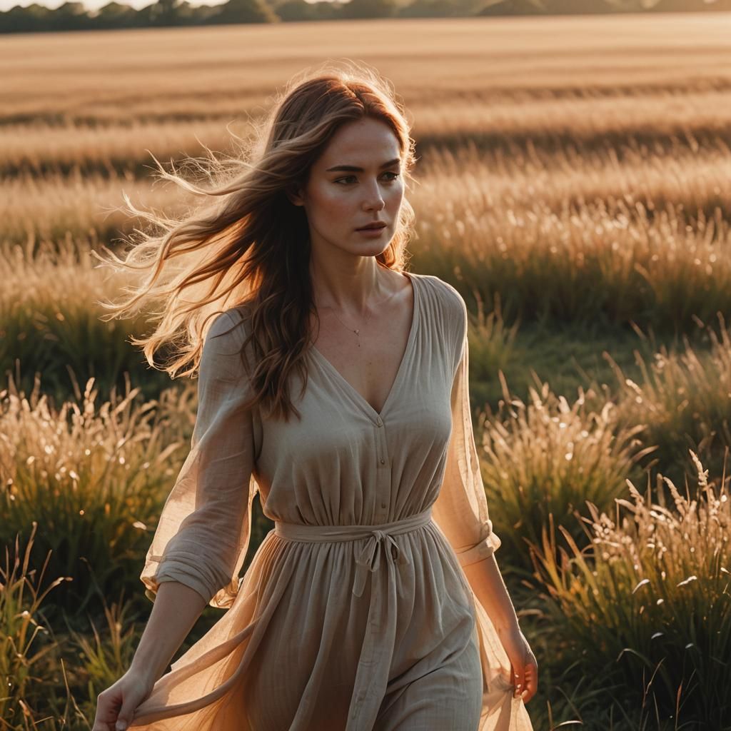 Woman in Sunlit Field at Dawn: Cinematic Film Still