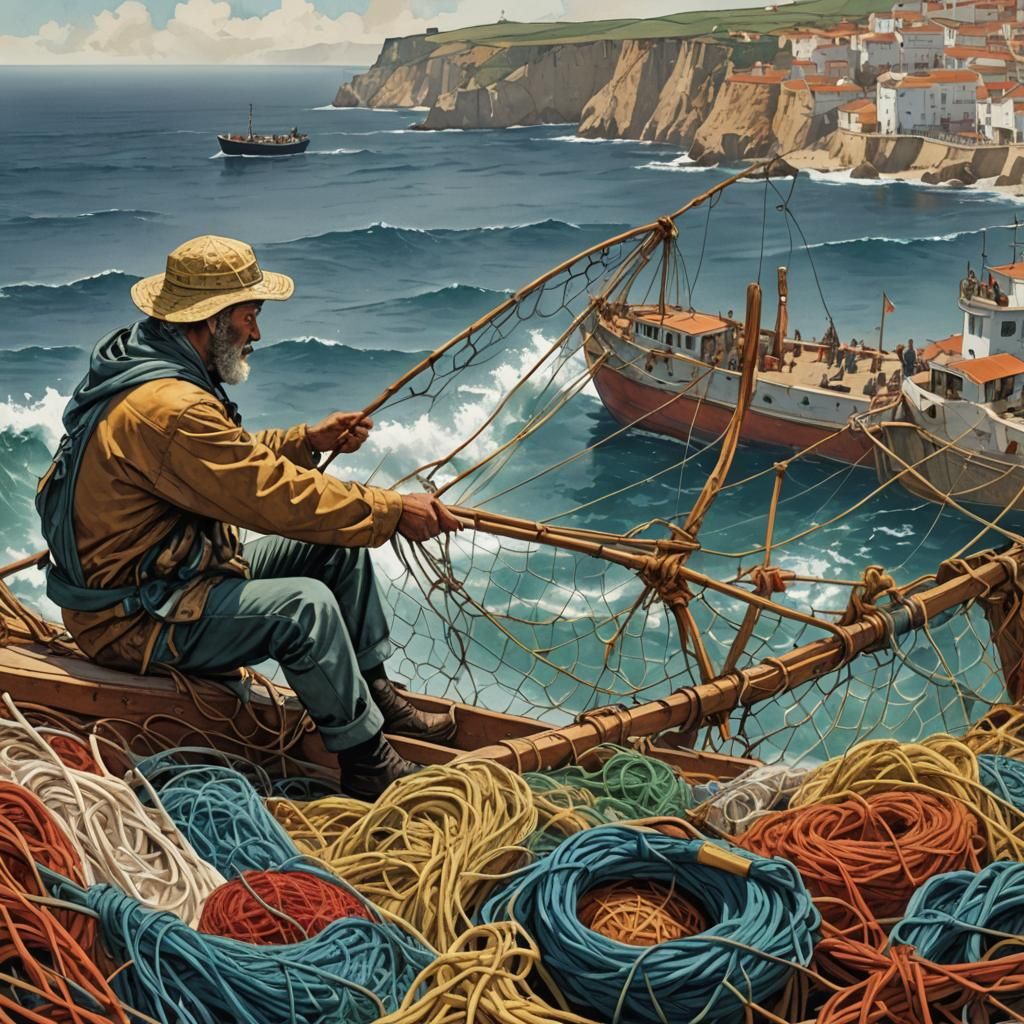 Fisherman from Nazaré Working on Nets