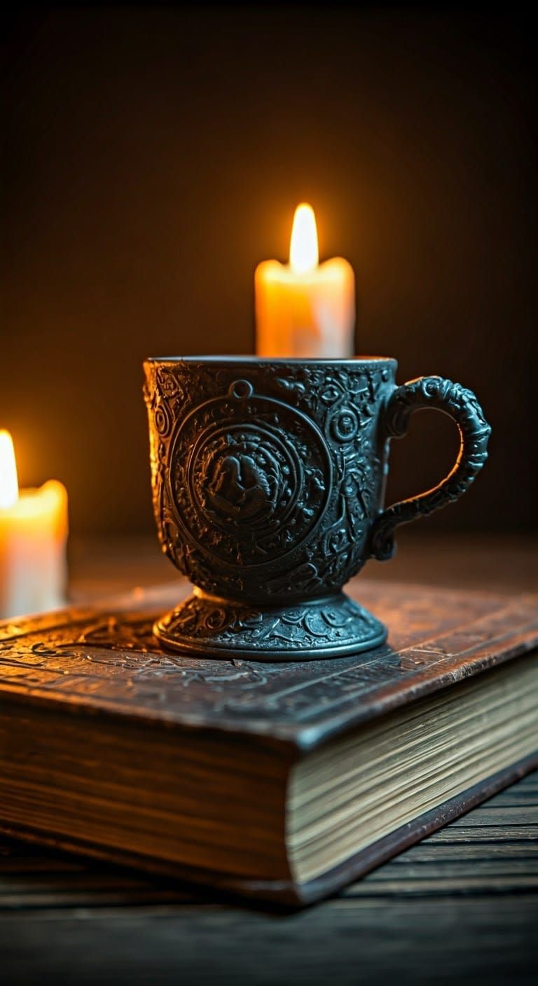 Ornate Cup with Ancient Tome in Dark Mystical Style