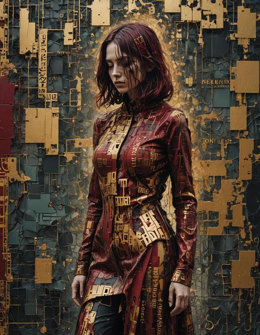 Melancholic Woman Dissolving into Byzantine Industrial Wall