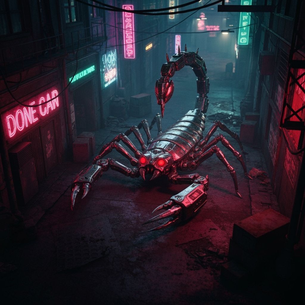 Cyberpunk Mechanized Scorpion with Glowing Red Eyes