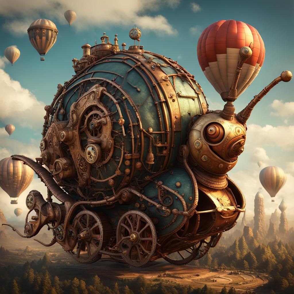Steampunk Mechanical Snail with Hot Air Balloons