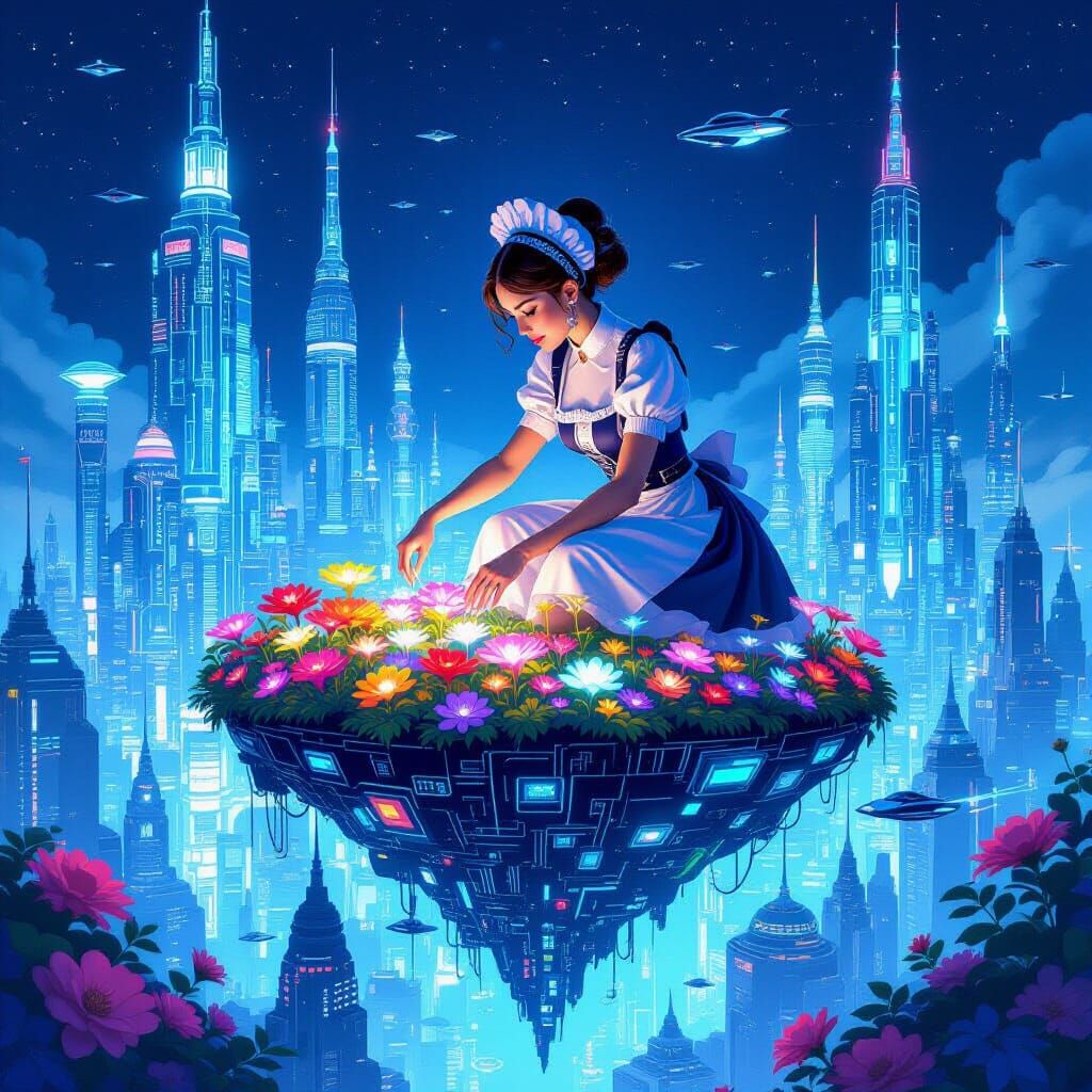 Maid Tends Bioluminescent Garden on Floating Island, Retro-F...