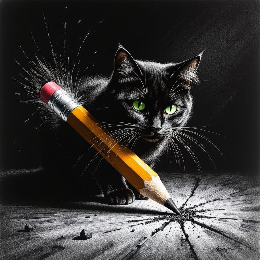 Pencil Transforms into Cat in Hyperdetailed Charcoal Drawing