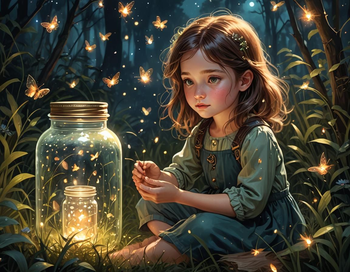 Magical Girl with Fireflies in Fantasy Forest