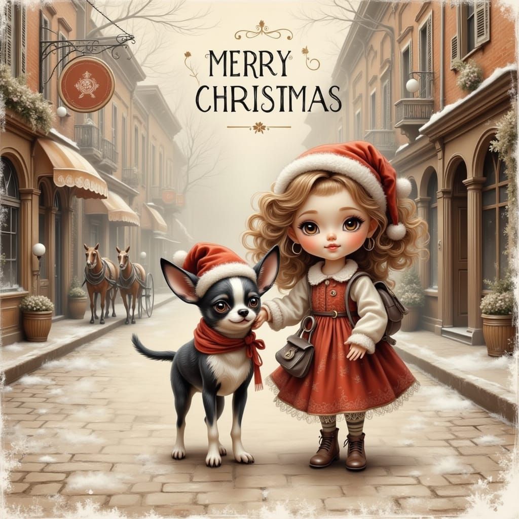 Vintage Christmas Card: Doll and Chihuahua on Victorian Stre...