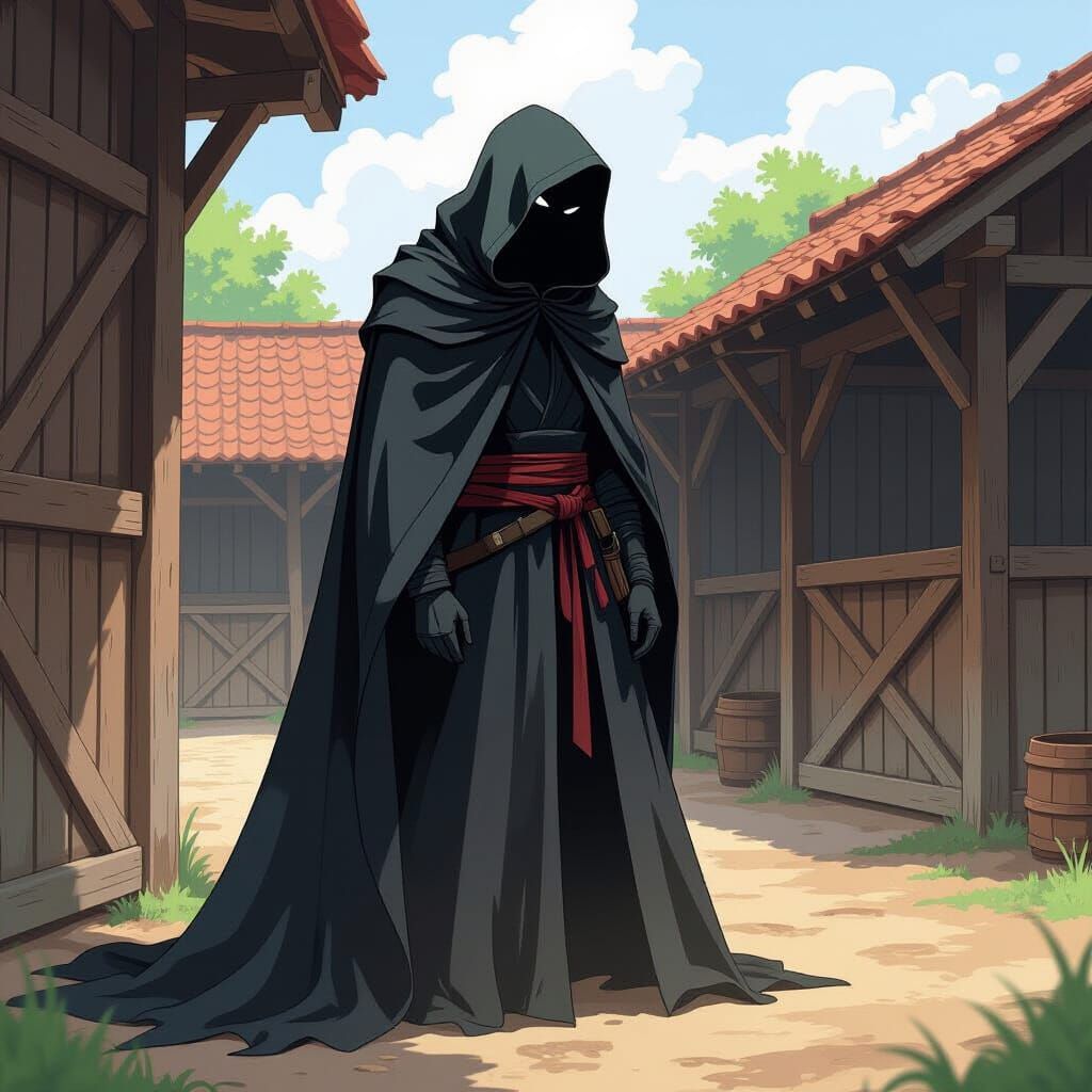 Mysterious Cloaked Figure in Anime Key Visual Style