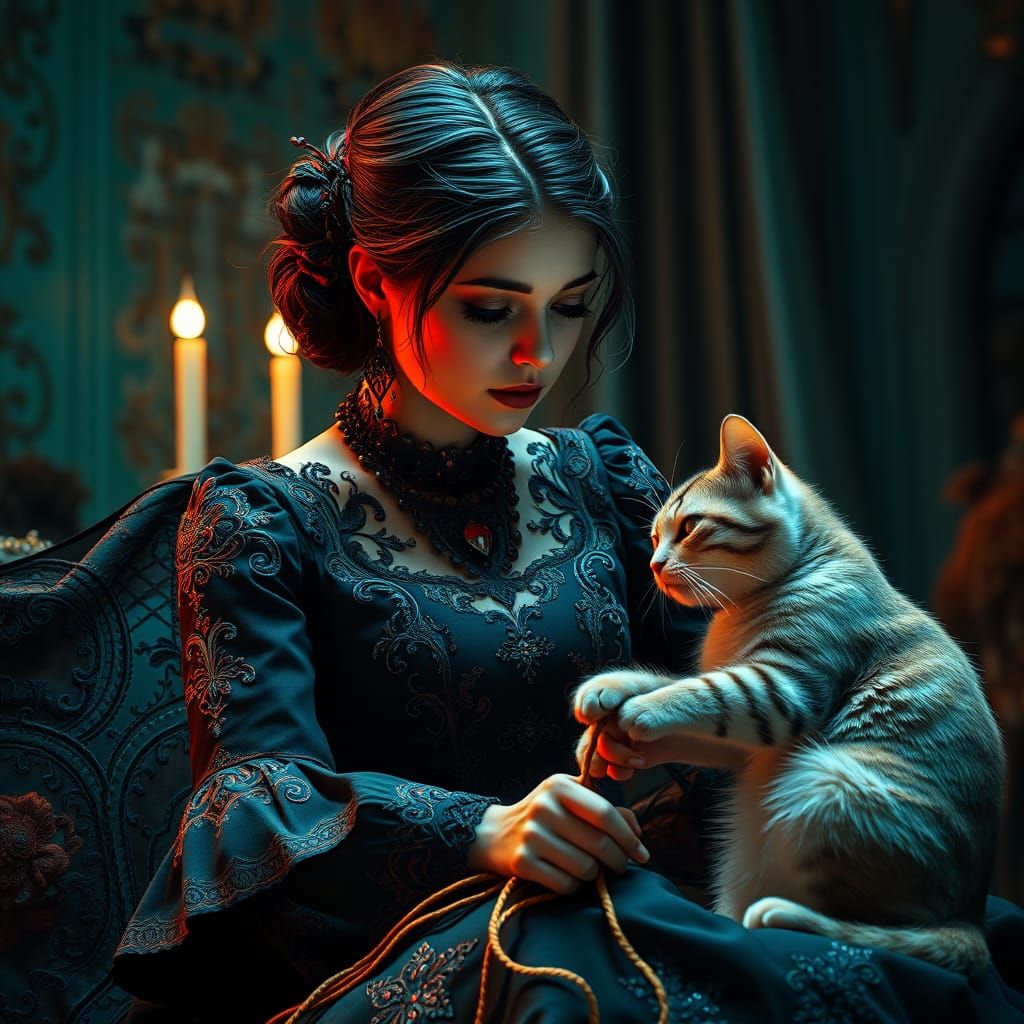 Gothic Woman Enchants with Whimsical Feline Companion