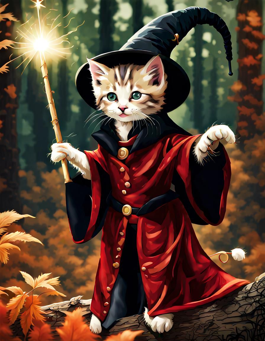 Kitten Magician in Forest with God Rays