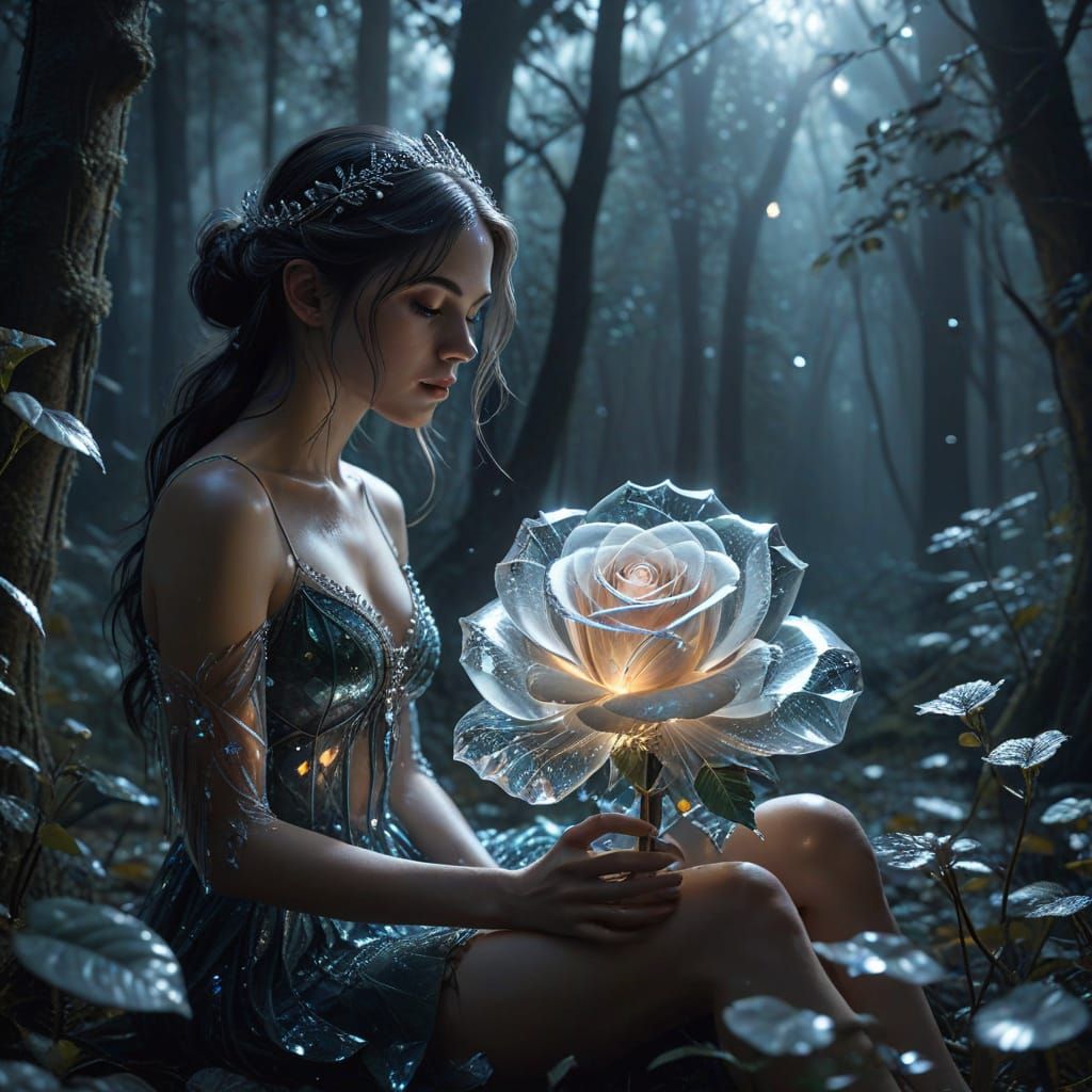Crystal Rose in Moonlit Forest: Epic Fantasy