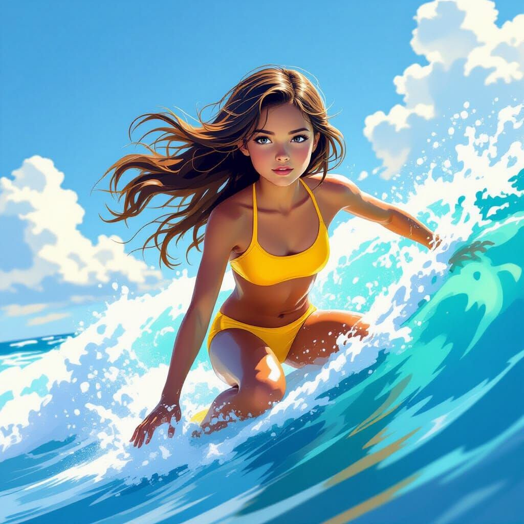 Surfer Girl Rides Ocean Wave in Radiant Sunlight