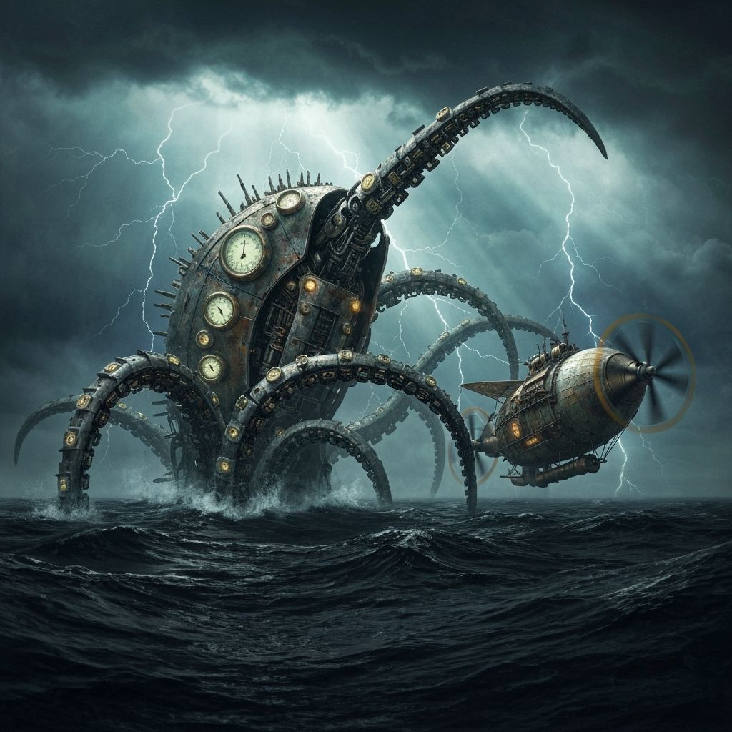 Mechanical Kraken Attacks Steampunk Airship in Stormy Ocean
