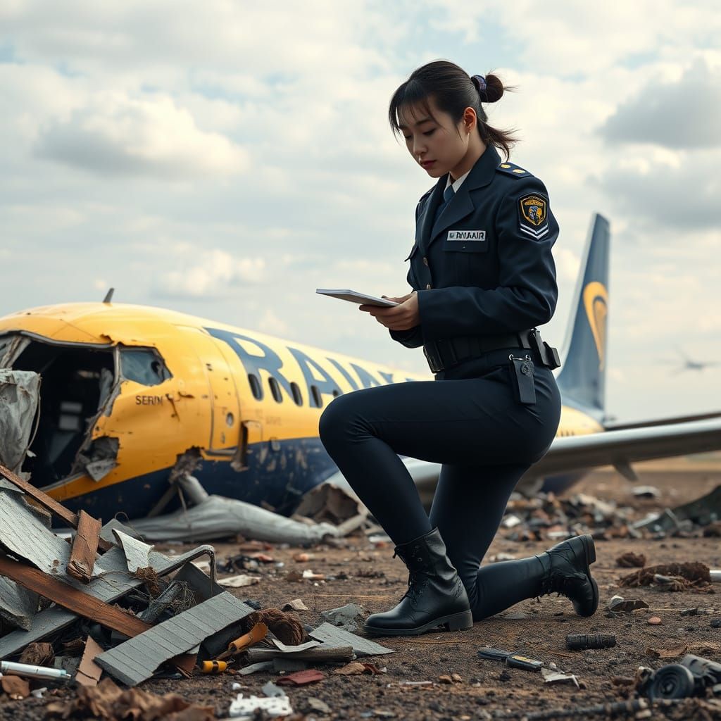 Korean Police Officer at Plane Wreckage: Photorealistic Scen...