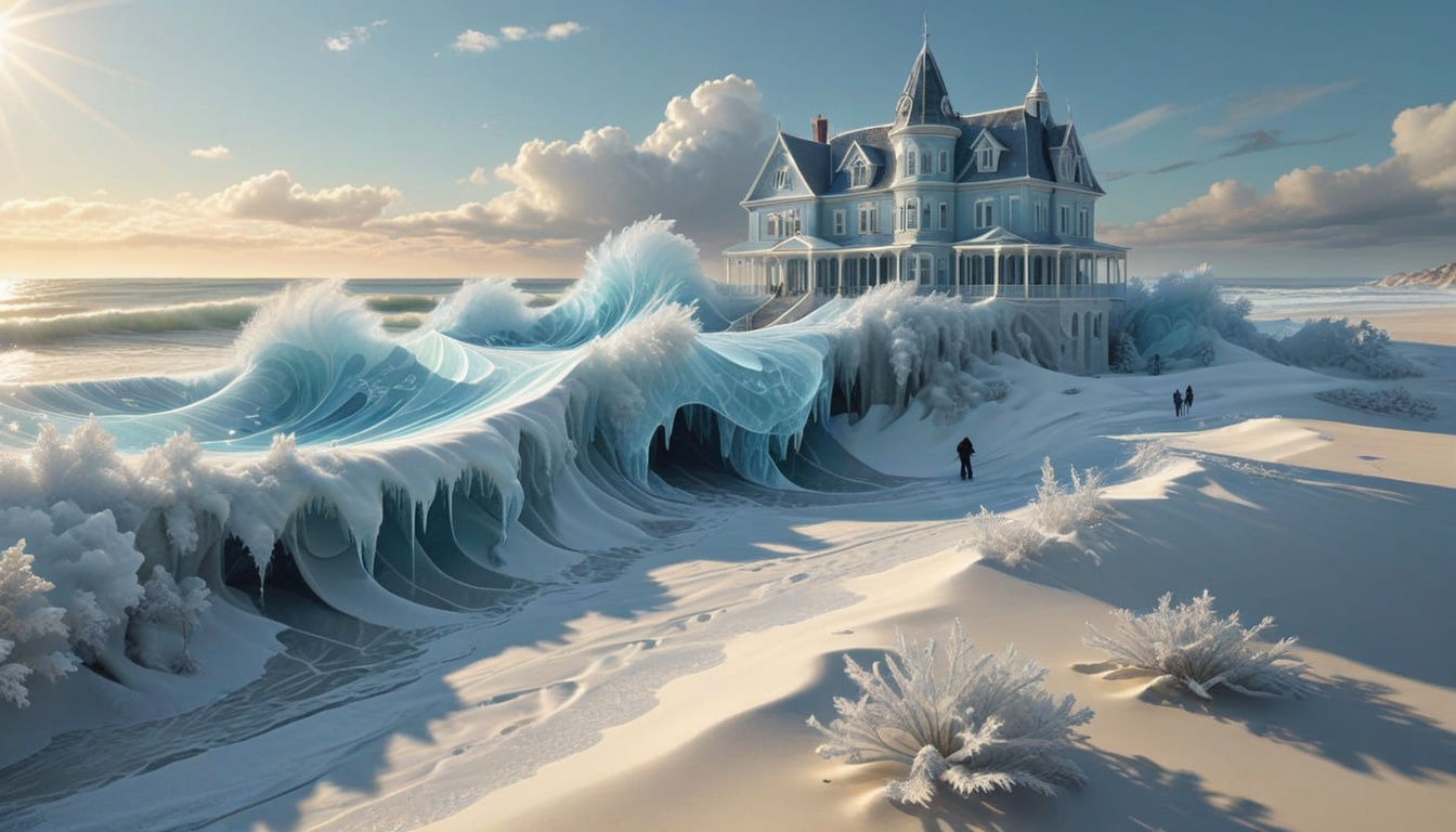 Surreal Winter Beach Scene with Frozen Waves and Children at...