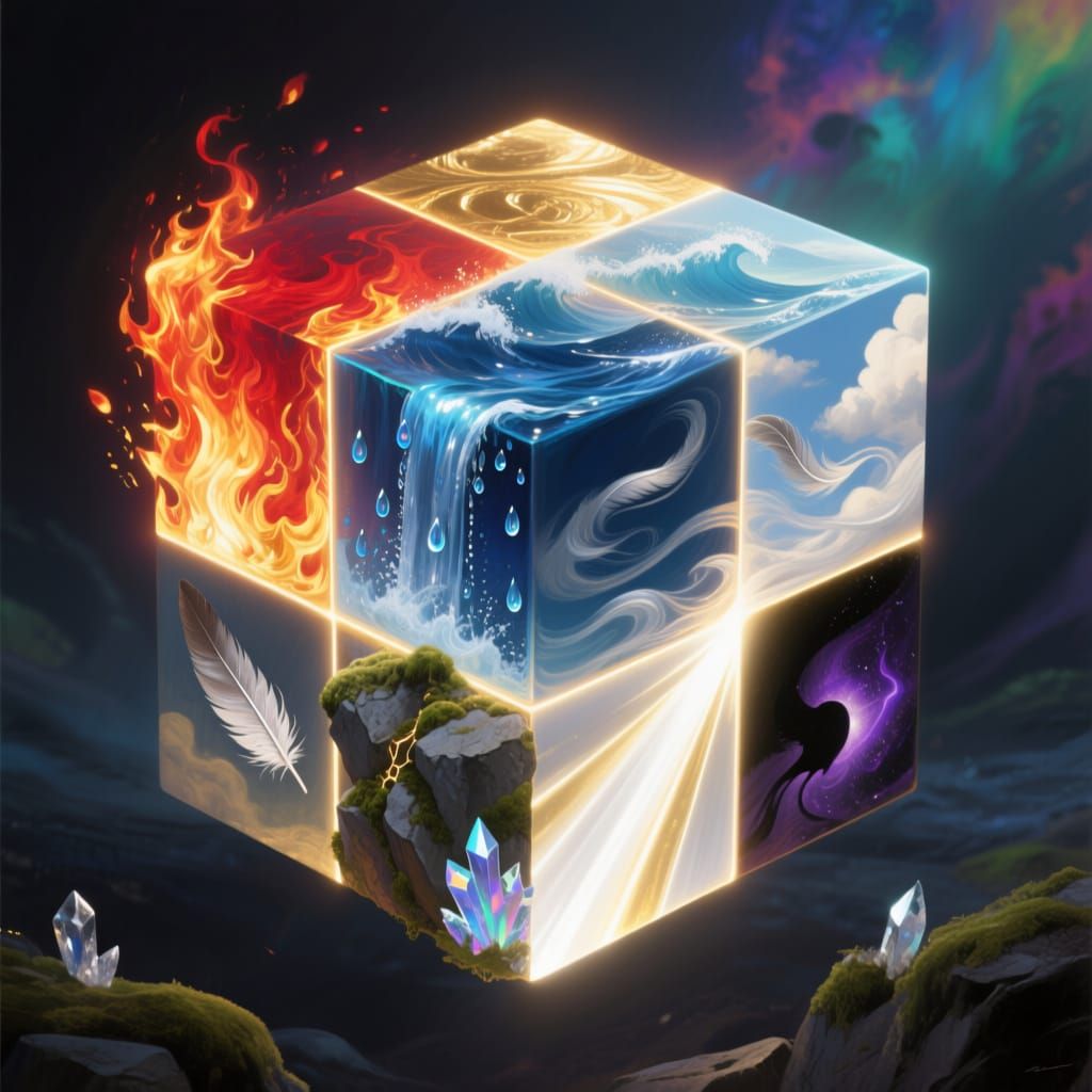 Mystical Cube of Elements in Painterly Style