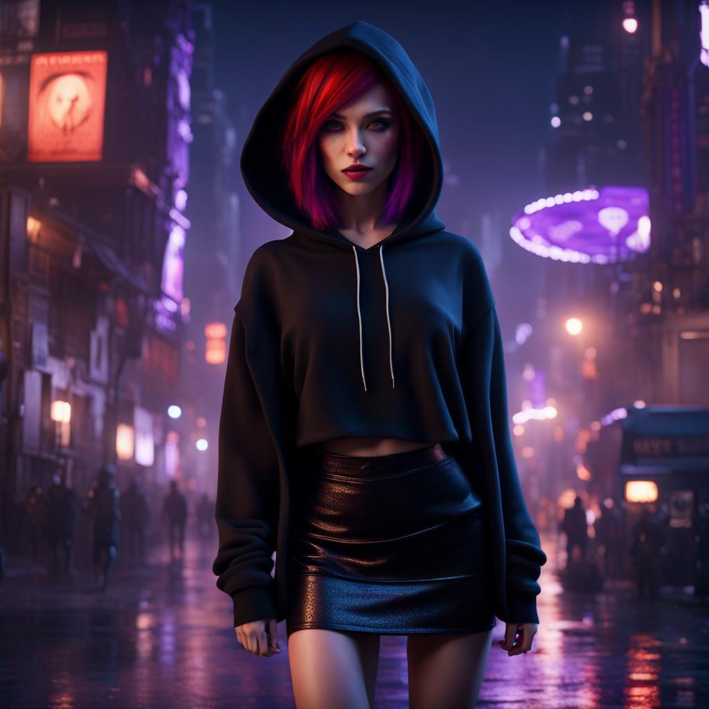 Gothic Girl in Black Hoodie, Detailed Matte Painting