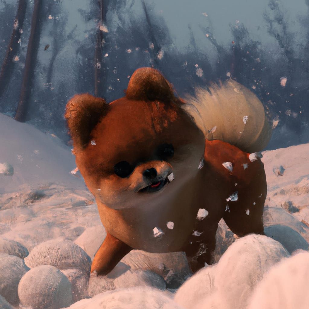 Pomeranian Puppy Playing in Winter Snow, Detailed Digital Pa...