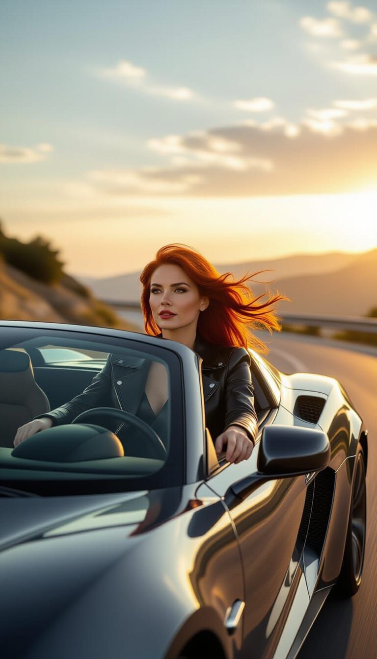 Redhead Drives Sports Car on Winding Road