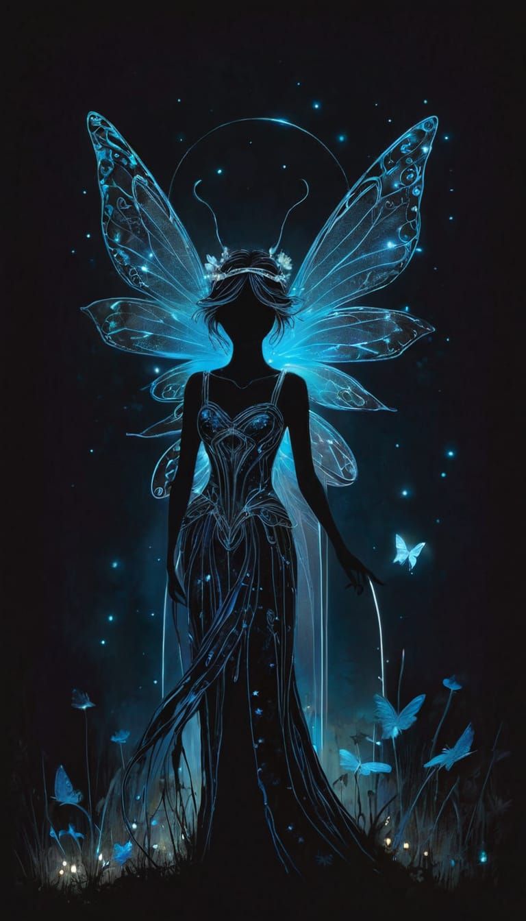 Neon Blue Fairies in Magical Garden