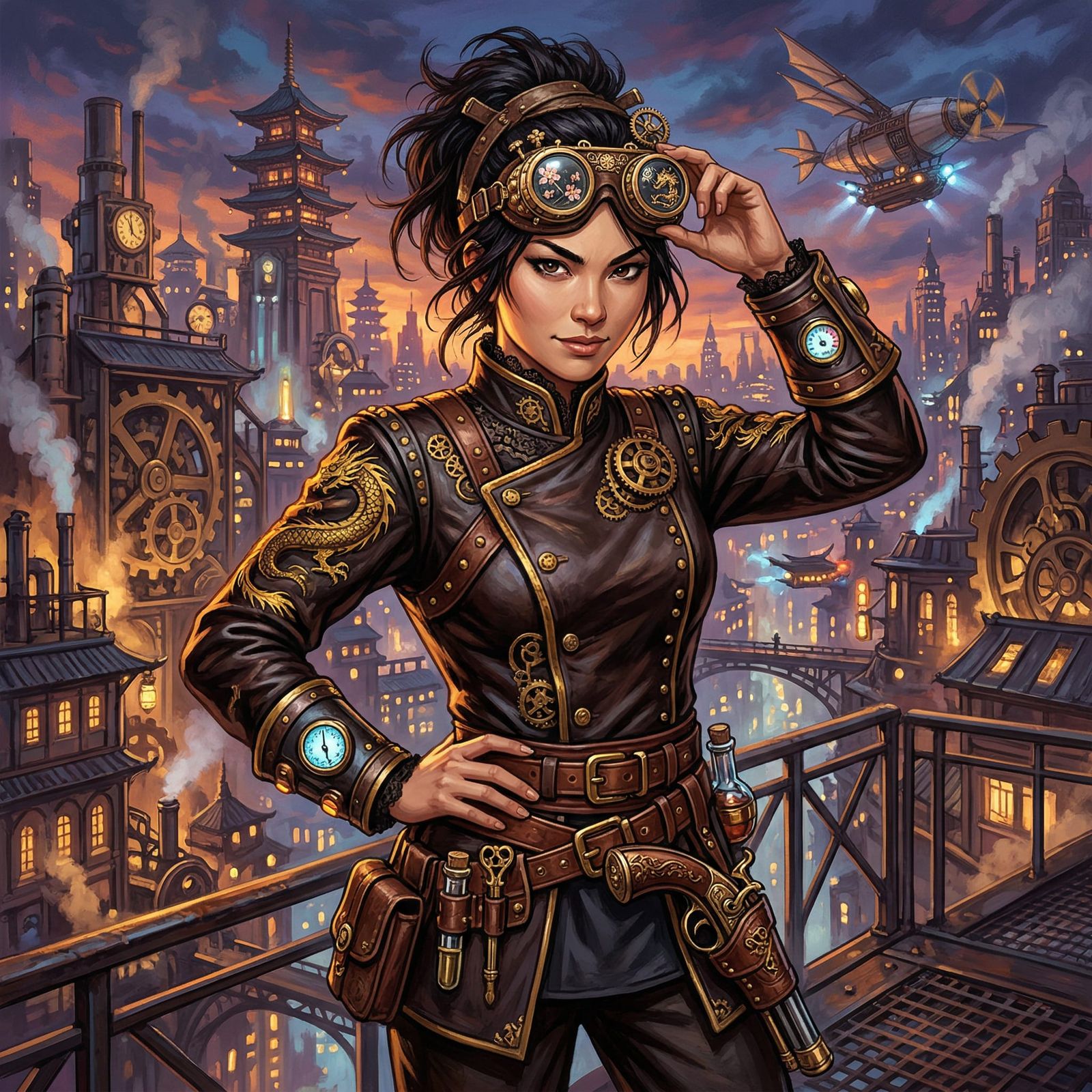 Asian Steampunk Adventurer Portrait in Illustrative Style