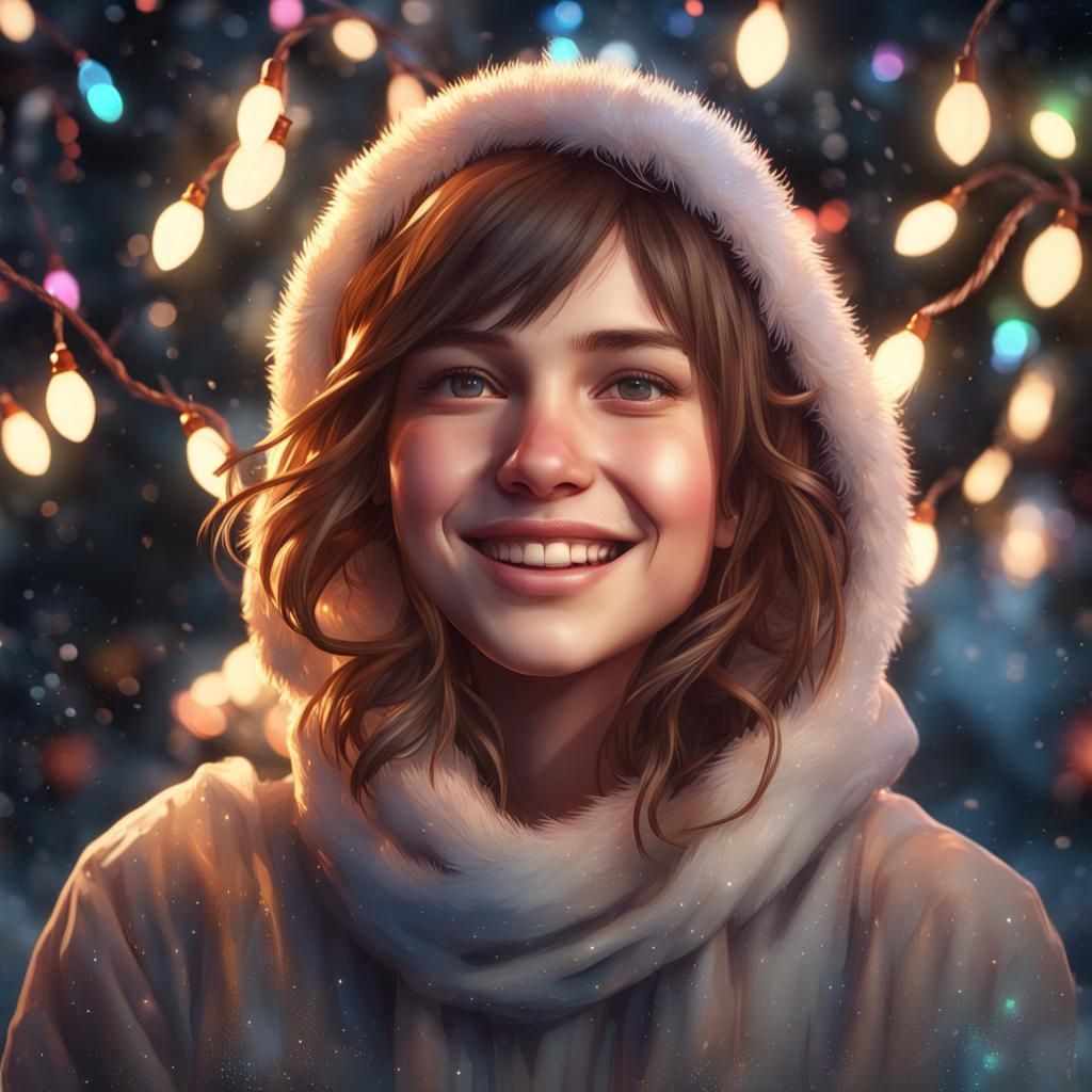 Realistic Girl Portrait with Christmas Lights