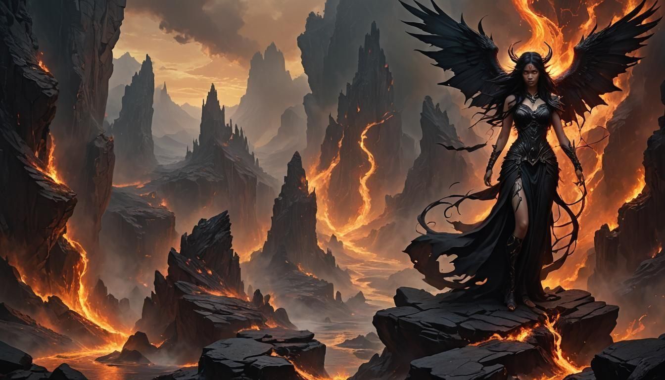 Black Angel Portrait in a Hellish Underworld