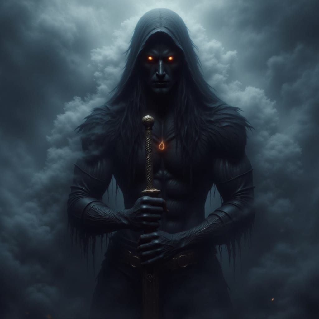 Shadow God Apparition with Fire Sword in Dark Mist