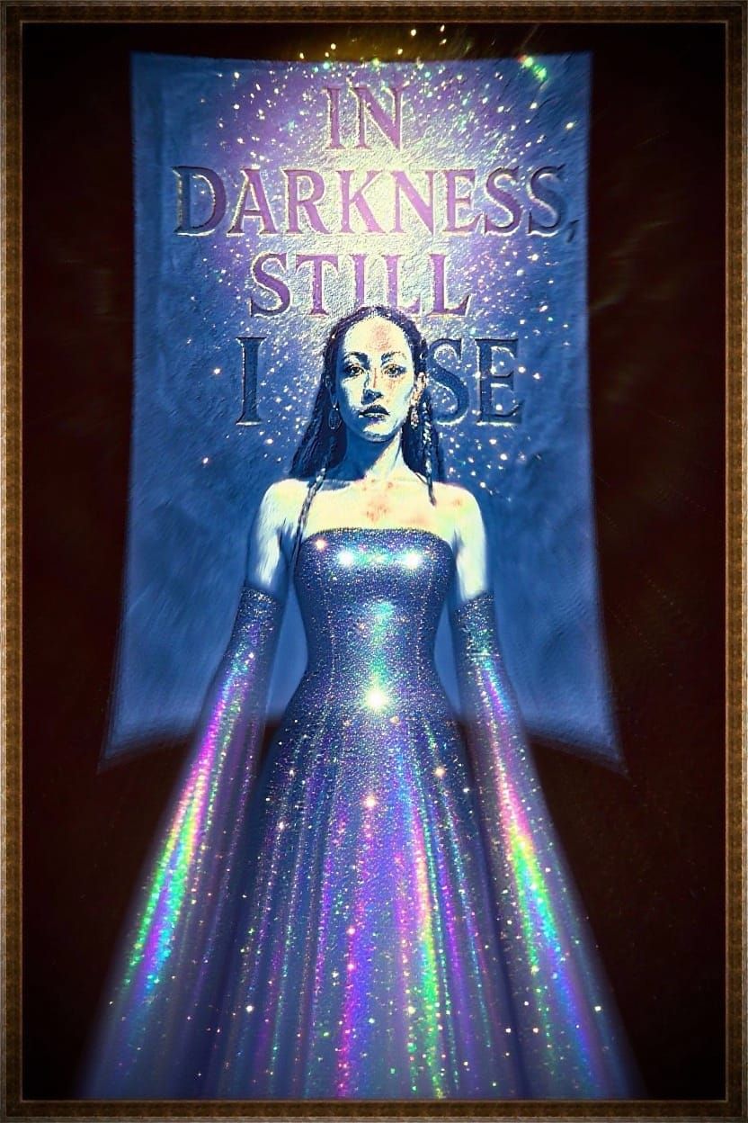 Woman in Shimmering Dress Under Sparkling Sky