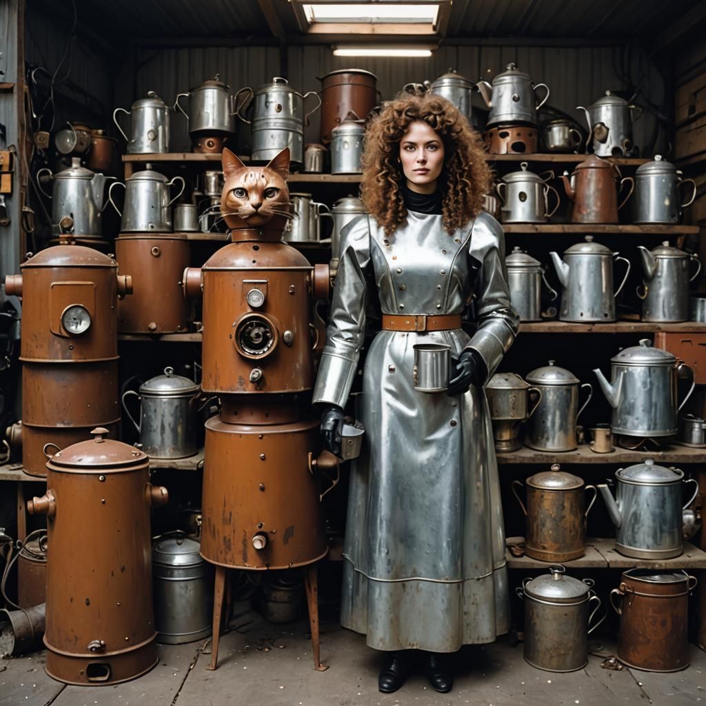 Retro Soviet Woman in Metallic Cat Coffee Factory