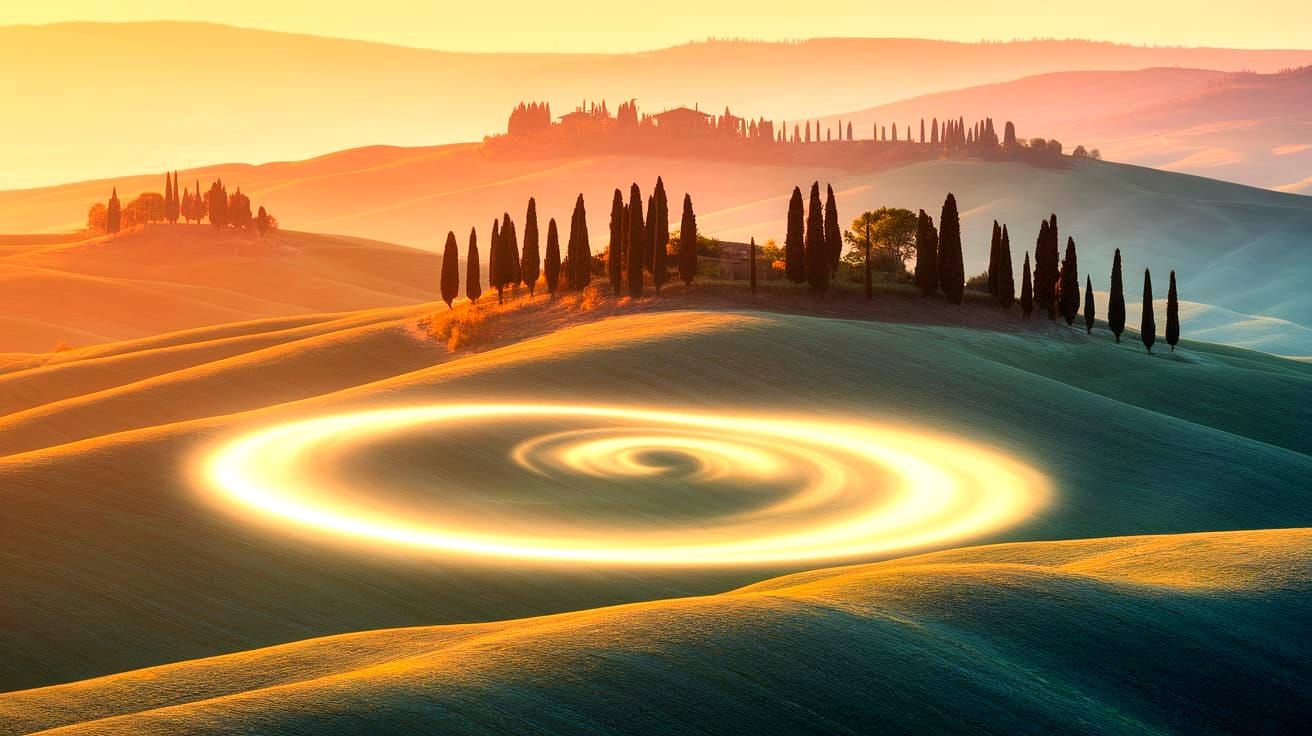 Ethereal Phenomenon Over Tuscan Landscape in Golden Light