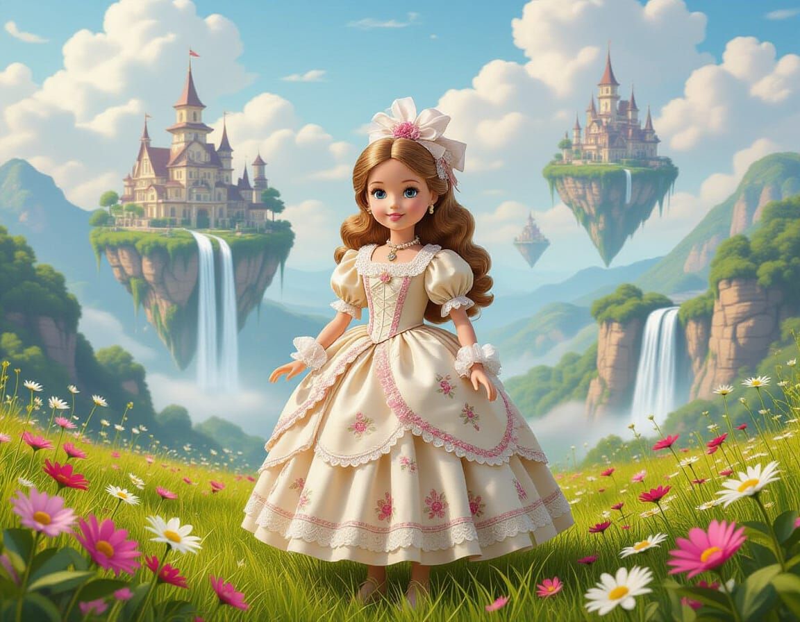 Victorian Barbie in Dreamy Fantasy Landscape
