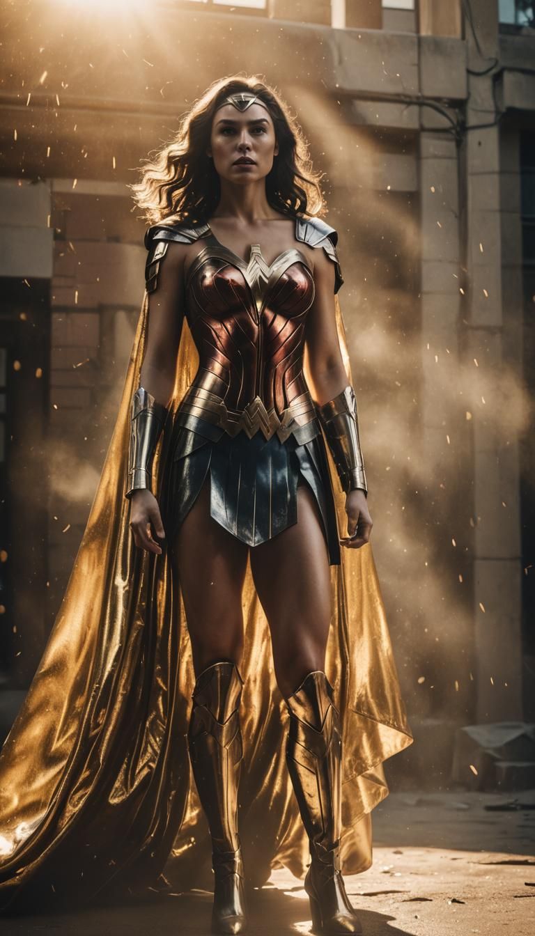 Young Wonder Woman in Reflective Latex Costume