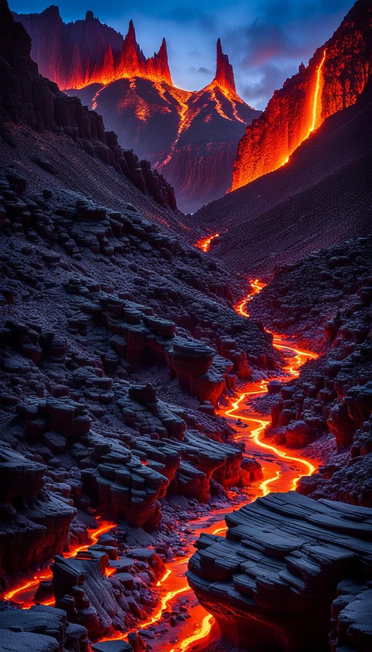 Molten Lava River in an Ancient Canyon