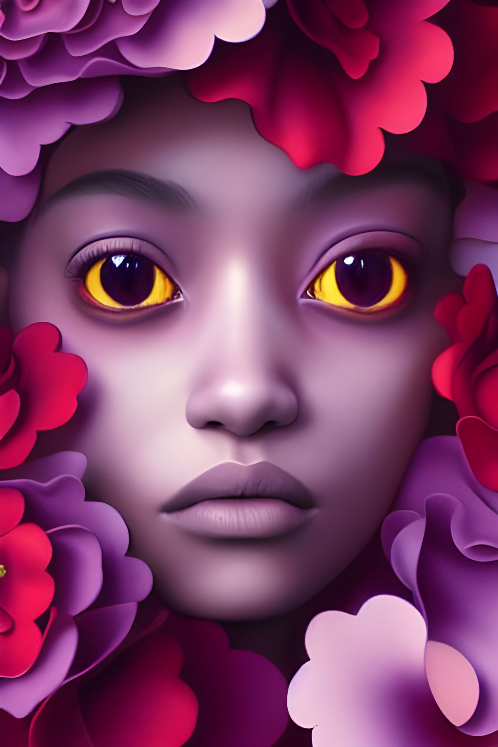 Floral Woman with Fire Eyes: Hyperdetailed Art