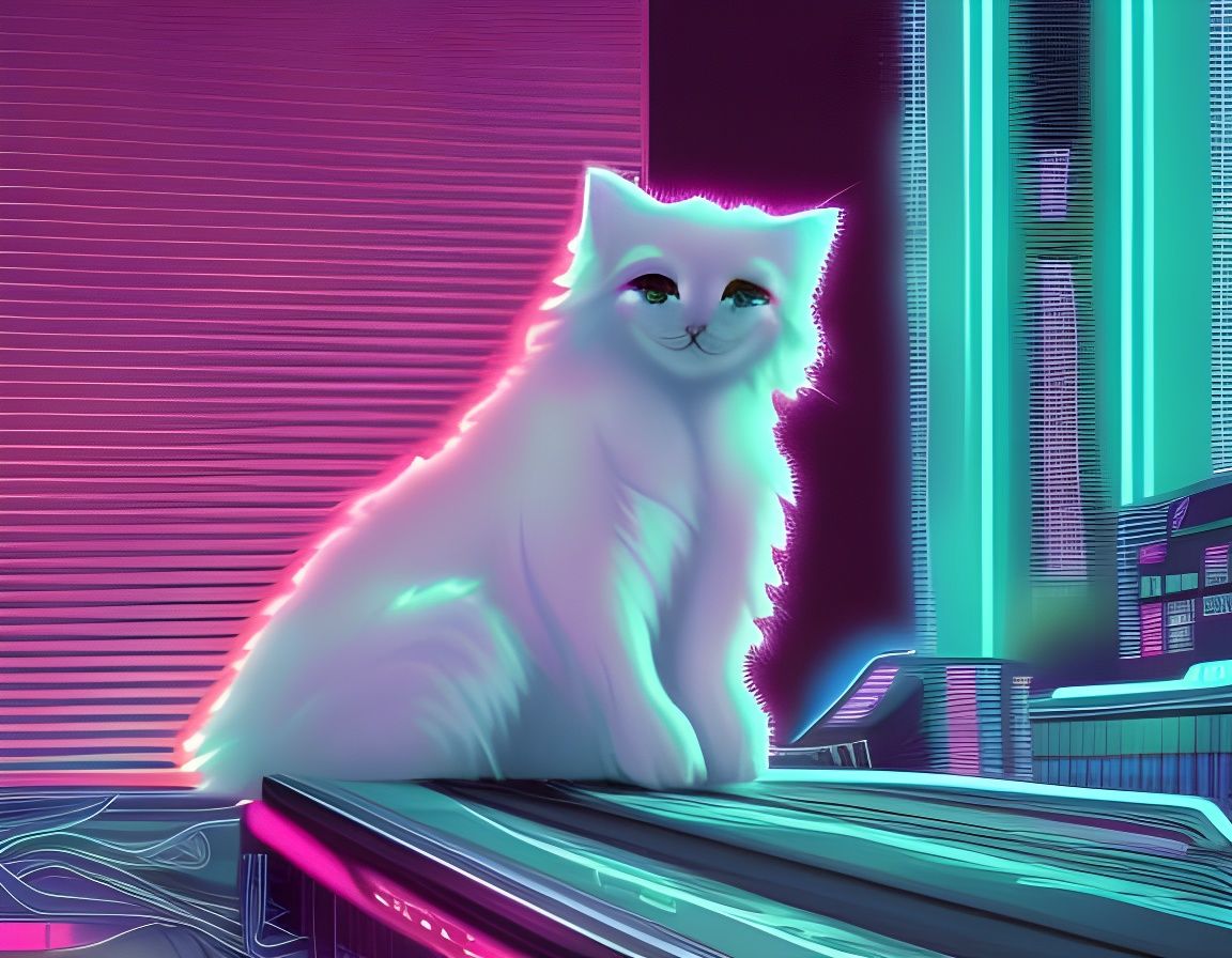 white fluffy cat cyberpunk synthwave neon retro