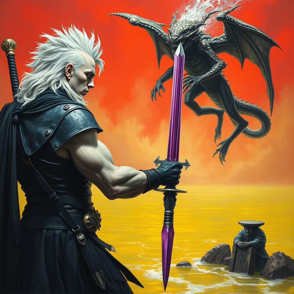 Fantasy Warrior and Dragon in Dark Seascape