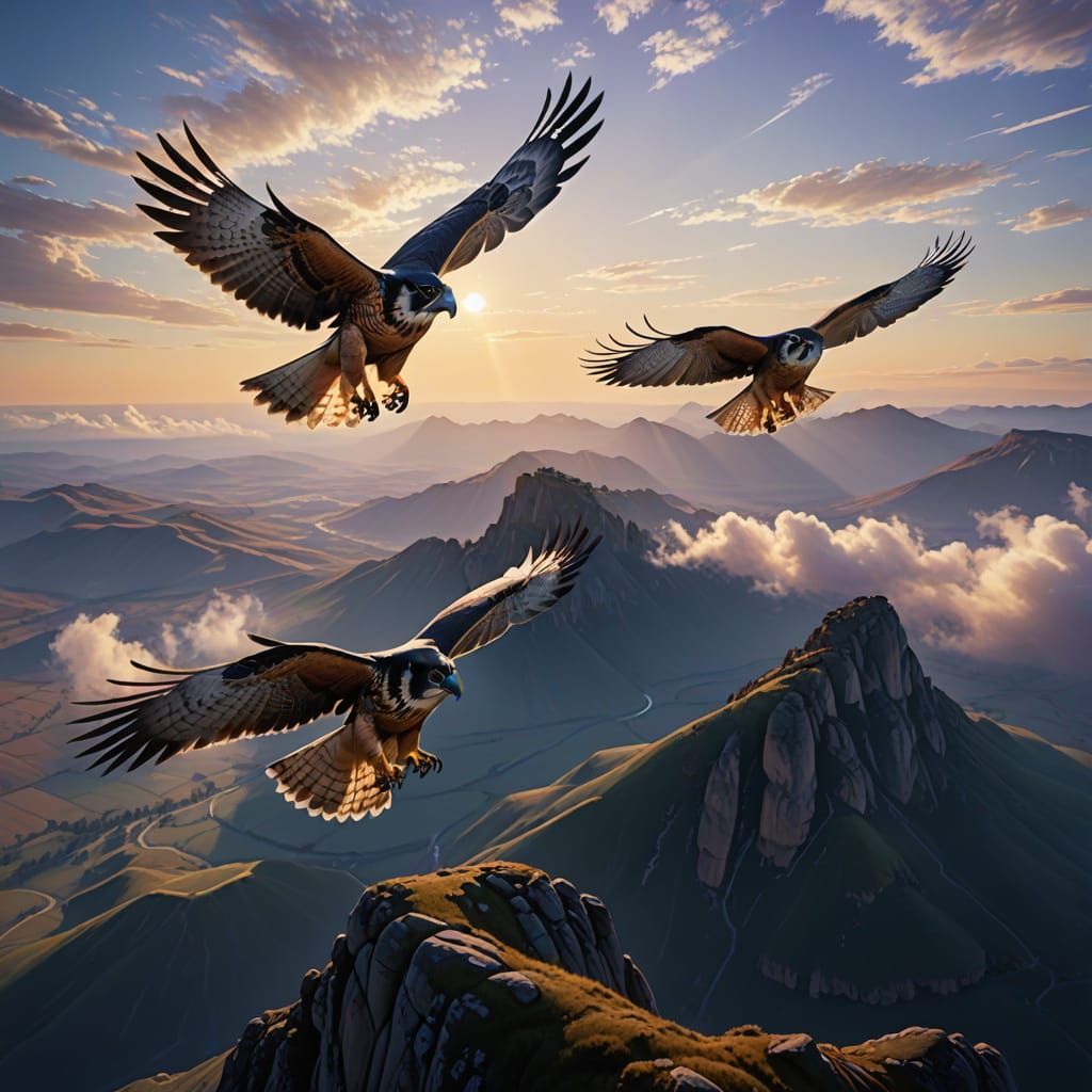 Majestic Falcons Soar in Vibrant Oil Painting