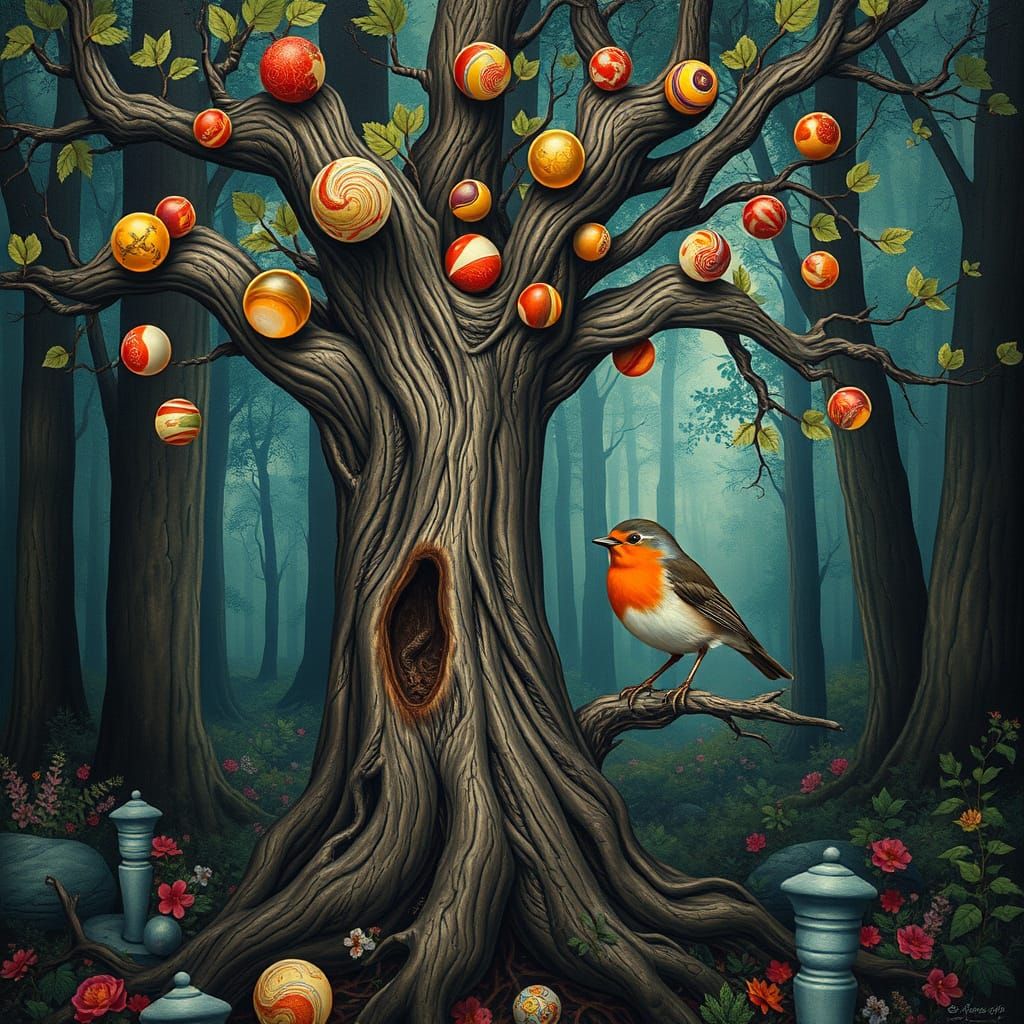 Whimsical Tree with Marbles and Robin in Graphic Forest