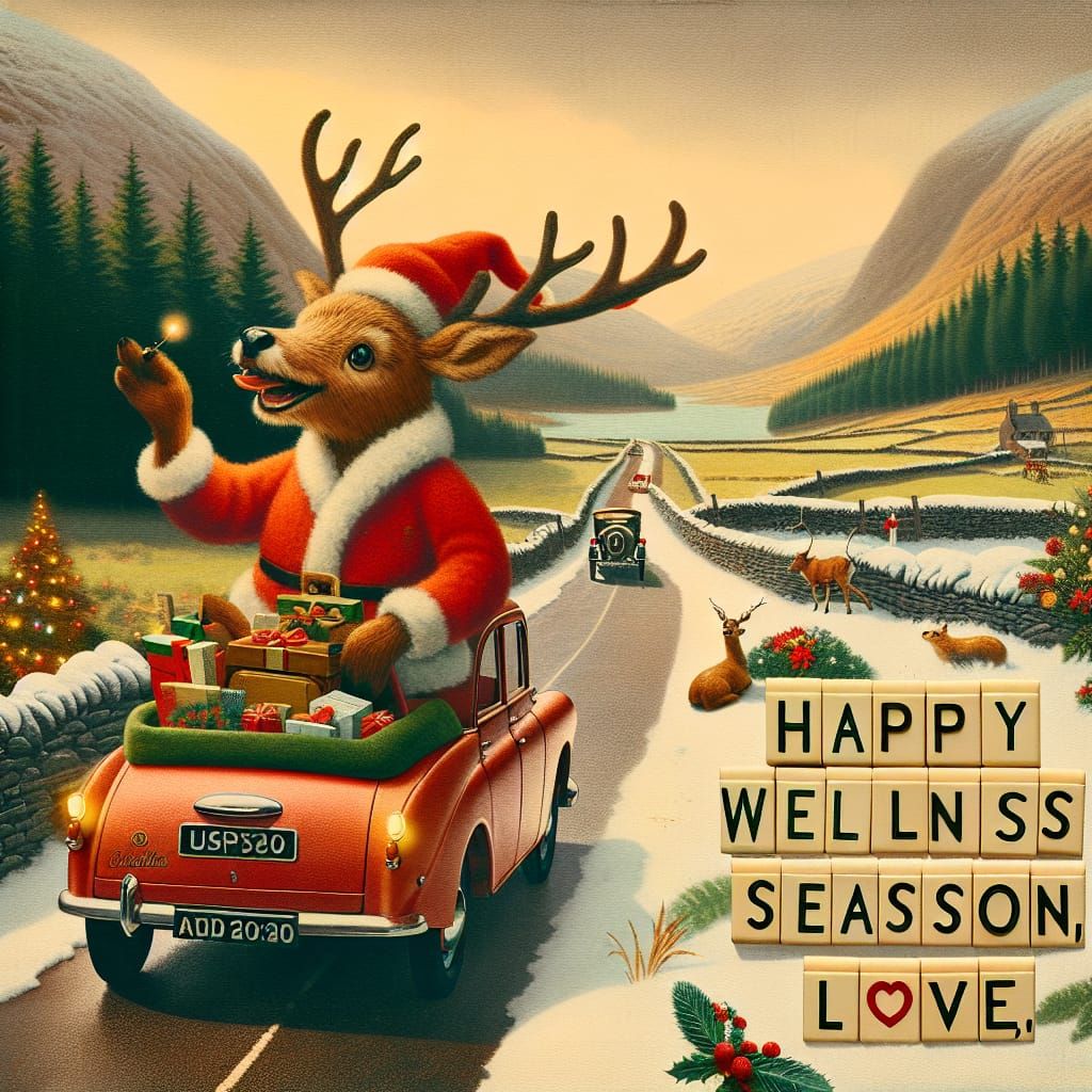 Festive Reindeer Car Ride: Vintage Christmas Postcard