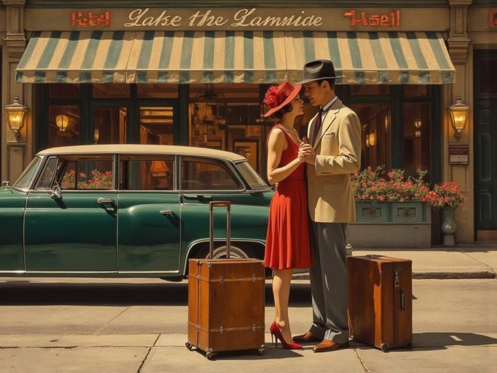 Vintage-Style Couple Gaze into Each Other's Eyes near a Luxu...