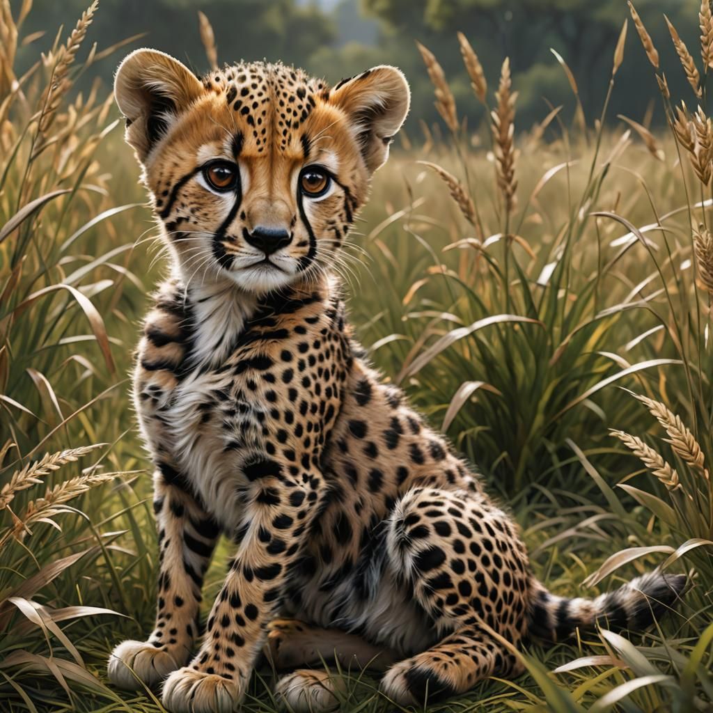 Golden Baby Cheetah and Girl in Field