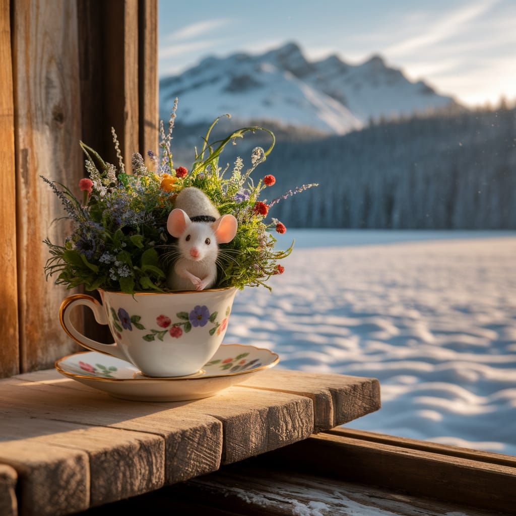 Miniature Garden in a Cup with Mouse