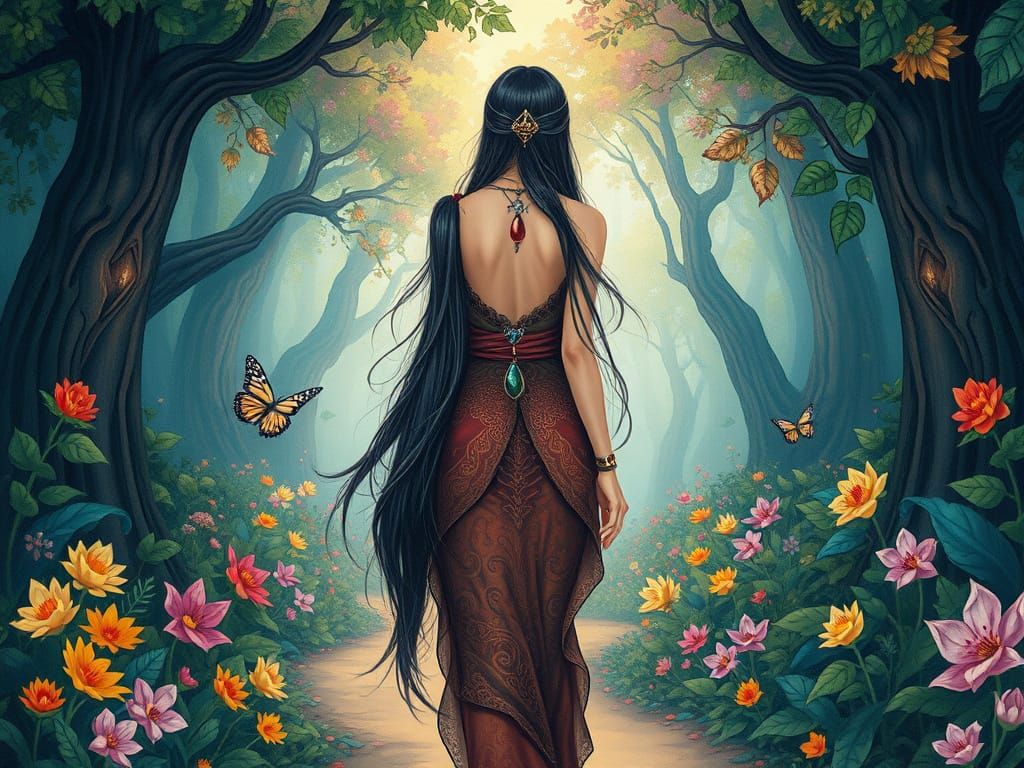 Ethereal Woman Walks Through Enchanted Forest in Gouache Sty...