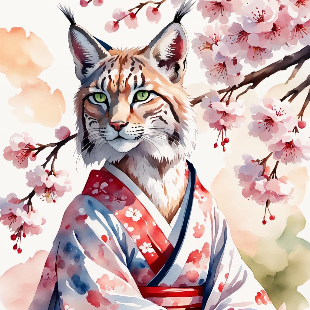 Lynx in Kimono Under Cherry Tree, Digital Watercolor