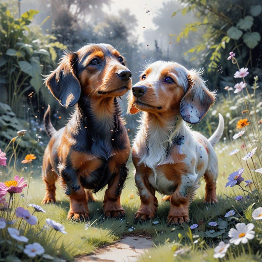 Adorable Dachshund Cubs Play in Garden
