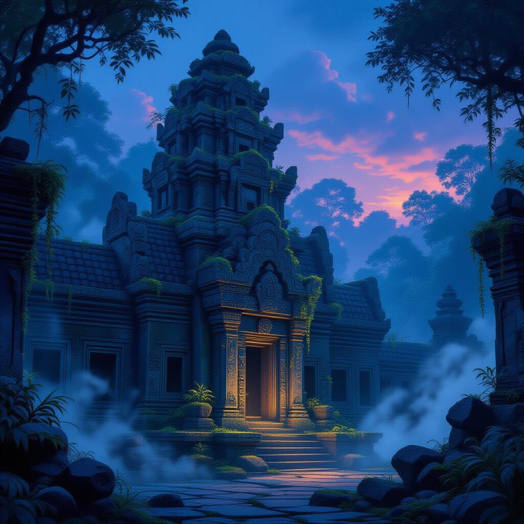 Ancient Temple at Twilight with Luminous Flora