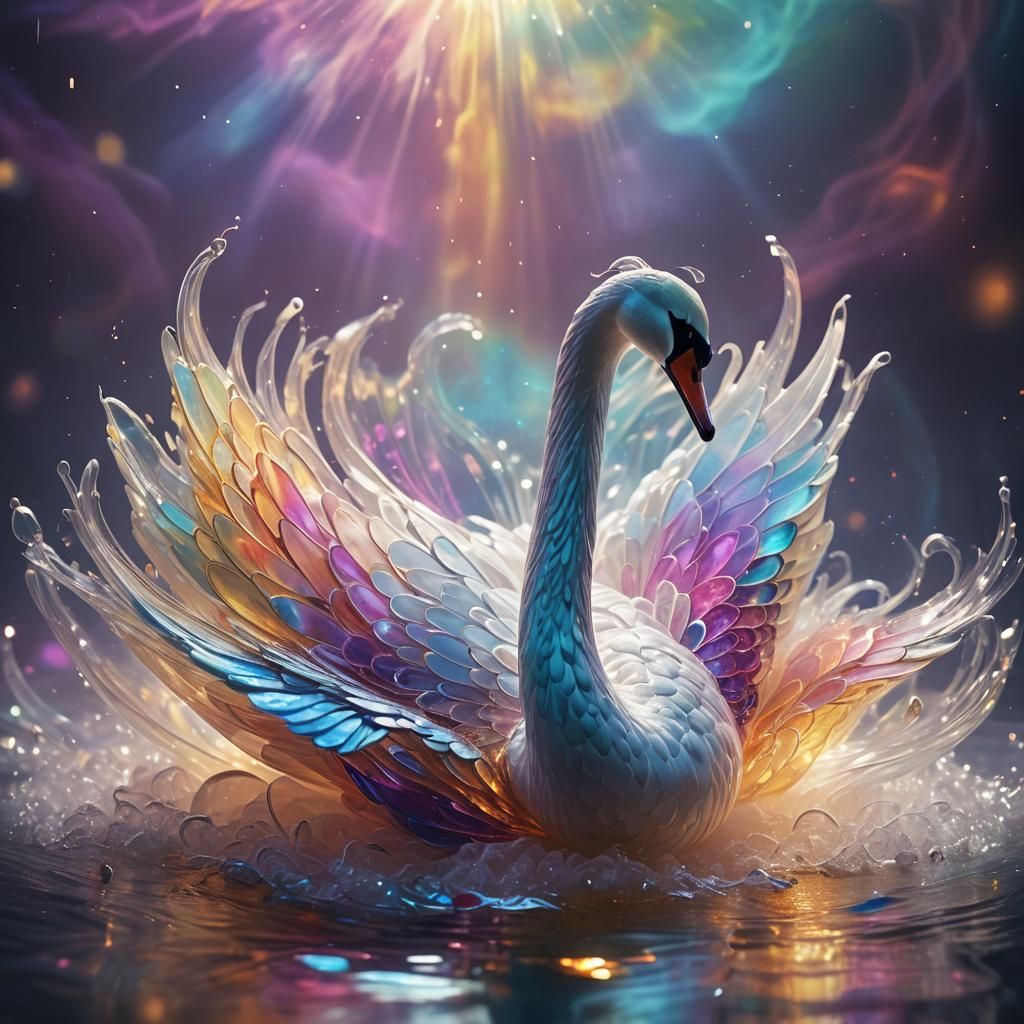 Iridescent Glass Swan in Dreamy Light: Digital Art